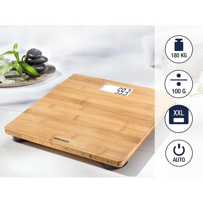 Цифрові дерев'яні ваги Soehnle Style Sense зі справжнього бамбука, ваги з невидимим дисплеєм, верхній читабельний LED-дисплей, ваги для тіла для відчуття тепла ніг, ваги для ванної кімнати до 180 кг (натуральні)
