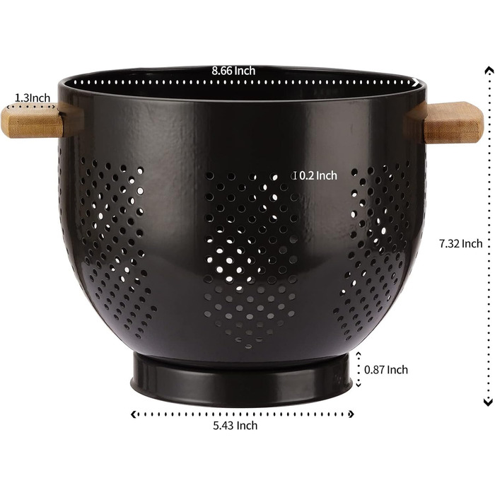 Металеве сито для пасти з дерев&39яною ручкою та стабільною основою, велике кухонне сито 22 см для пасти, овочів та фруктів, міцне кухонне сито (світло-чорне)