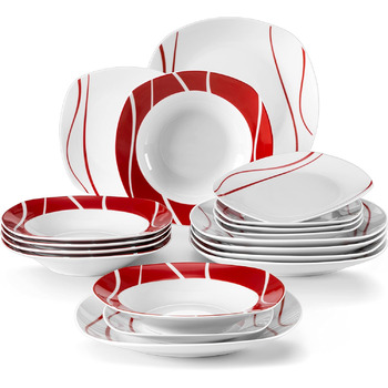 Серія Felisa, 24 предмети Набір порцелянового столового сервізу з 6 плоскими тарілками, 6 тарілками для тортів, 6 тарілками для супу та 6 мисками на 6 осіб (18 шт. обідній сервіз)