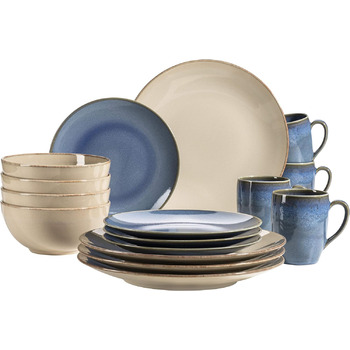 Набор посуды MSER 931545 Ossia на 4 персоны в средиземноморском винтажном стиле, комбинированный сервиз из 16 предметов из керамики (песочно-серый / голубой)