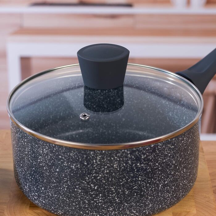 Каструля Russell Hobbs RH00845EU з антипригарним покриттям - 18 см/2 л з кришкою із загартованого скла, індукційна каструля, каструля для овочів/бульйону з бакелітовою ручкою та термостійким зовнішнім покриттям, камінь Nightfall (набір із 14 предметів)