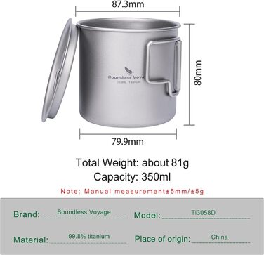 Мл Титанова чашка з кришкою Складна ручка Одностінний кемпінговий кухоль Легкий портативний для посуду для пиття на відкритому повітрі US-Ti3059D (чашка 350 мл), 500