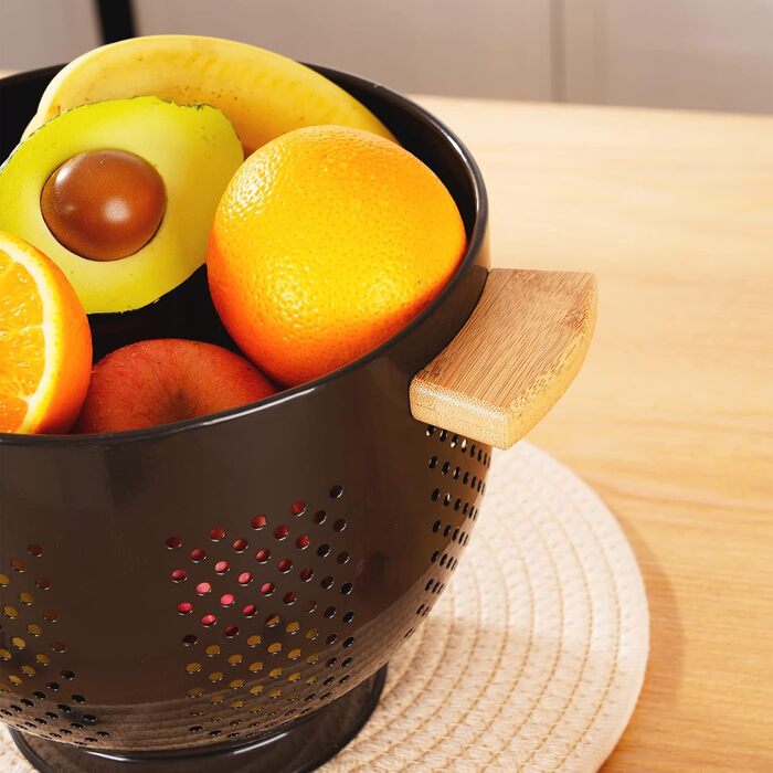 Металеве сито для пасти з дерев&39яною ручкою та стабільною основою, велике кухонне сито 22 см для пасти, овочів та фруктів, міцне кухонне сито (світло-чорне)
