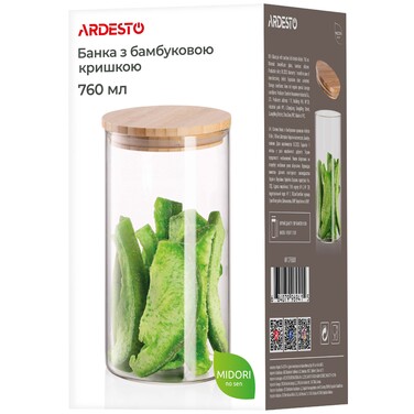 ARDESTO Банка для зберігання Midori, 760мл, скло, бамбук, кругла, прозорий