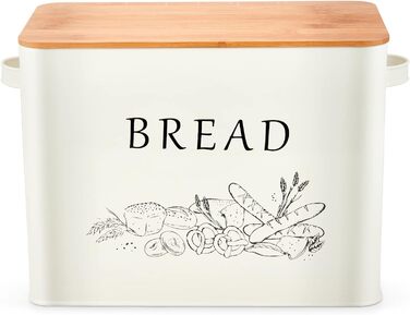 Хлібниця Herogo, металева хлібниця з дерев'яною кришкою для різання хлібної дошки, дуже велика хлібниця для великих буханок хліба, компактне місце для зберігання хліба для кухонної стільниці, крем 33 x 18 x 24,5 см