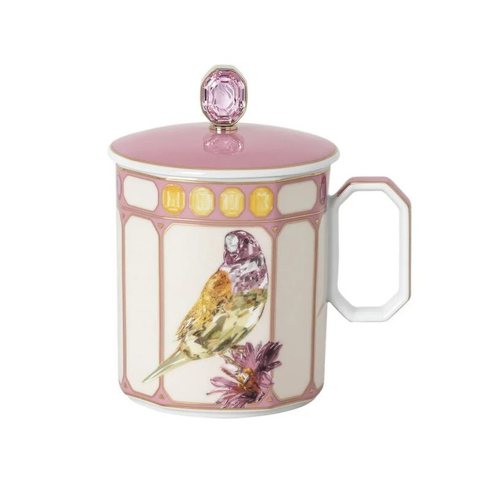 Кружка с ручкой и крышкой 0,39 л Зяблик в розовой рамке, IDYLLIA Swarovski x Rosenthal