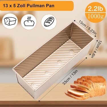 Форма для выпечки тостов 1000 г с крышкой, ‎33 x 13 x 12 см золотистая Hikaproligt