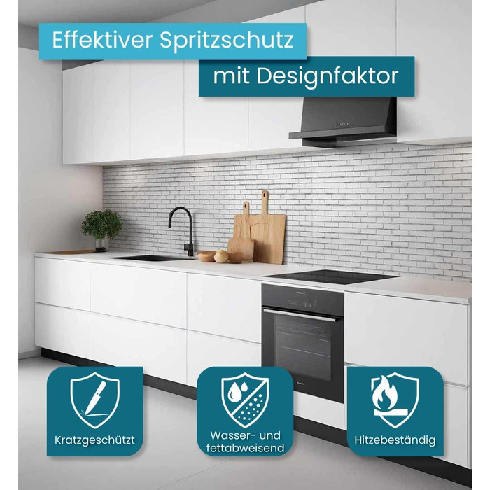 Самоклеюча кухонна панель - матова, преміальна бризкозахисна плівка 0,4 мм як доступна альтернатива склу, легке встановлення та очищення - висота 60 см - Дизайн Світло-сірий мармур 180 x 60 см (Біла плитка, Ш 60 см x В 60 см, 0,2 мм)