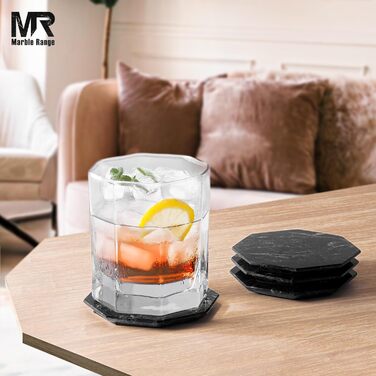 Підставки під чашки з оніксу, 8.9 см, ручної роботи, з підставкою, 6 шт. (Чорні) - для офісу, напоїв, кави, бару та обіднього столу