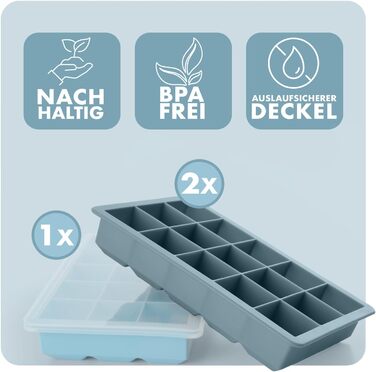 Силіконові формочки для льоду Blumtal, набір з 3 шт. - форма для льоду на 24 кубики з кришкою - силіконова форма для льоду без бісфенолу А - форма для льоду, безпечна для харчових продуктів - сіро-блакитний великі кубики (сіро-блакитний світло-блакитний, 