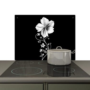 Фартух для плити, кухонний фартух, вініл, 78x52 см, декор для кухні, облицювання стіни, кришка для плити - сіро-чорна (квітка - чорна, 52Д x 71Ш см)