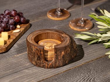 Підставки з високоякісної оливкової деревини, натуральні та необроблені в рустикальній круглій формі, діаметр приблизно 12 см, у наборі з 6 шт. , круглі