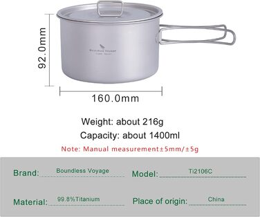 Л 1,6 л 2,4 л Маленькая титановая головка со складными ручками легкий горшок для кемпинга и треккинга, кухонная утварь (Ti2106C 1,4 л, ), 1,4