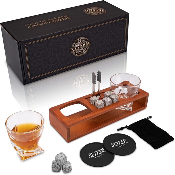 Набор стакана для виски, 2 бокала для виски 8 камней для виски в деревянной раме подарочная коробка SEIZER