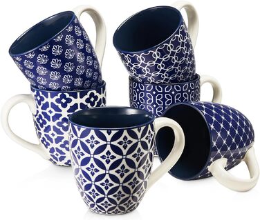 Набір чашок для кави DOWAN, 6 x 560 мл Кавова чашка порцеляна, великі чашки в китайському традиційному стилі візерунка для кави, молока, чаю та какао, кавова кружка (синя та біла)