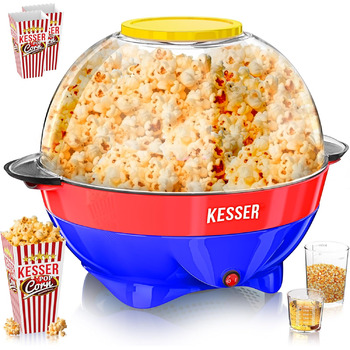 Велика машина для попкорну KESSER 800 Вт Машина для попкорну об&39ємом 5,5 л з кришкою з антипригарним покриттям та сервірувальною мискою для олії, масла, цукру, тиха та швидка, включаючи мірну чашку та чашку для попкорну, знімна нагрівальна поверхня (син