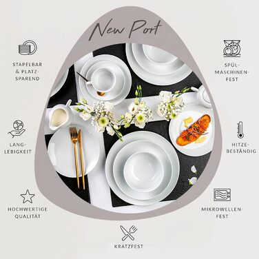 Набор фарфоровой посуды на 12 персон, 86 предметов, белый New Port Sänger