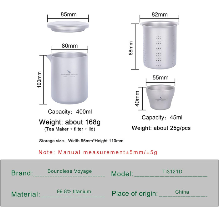 Безмежна подорож Подвійна стінка з титановою чашкою Кавова чашка Легкий чайник з фільтром Кемпінговий посуд (Ti3121d-400 мл 45 мл 3 чашки)