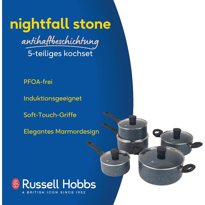 Каструля Russell Hobbs RH00845EU з антипригарним покриттям - 18 см/2 л з кришкою із загартованого скла, індукційна каструля, каструля для овочів/супу з бакелітовою ручкою та термостійким зовнішнім покриттям, камінь Nightfall (1 літр)