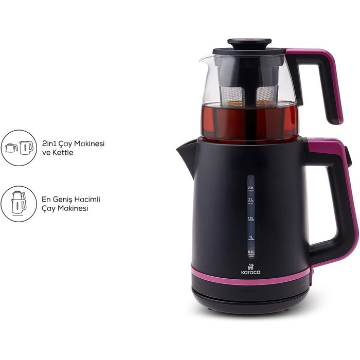 Чайник Karaca Maxi Tea XL 2-в-1 зі скляним чайником та заварником, чайник 1,25 л, резервуар для води 2,3 л, 1700 Вт, основа, що обертається на 360, скляне ситечко для чаю, функція автоматичного підігріву (малина)