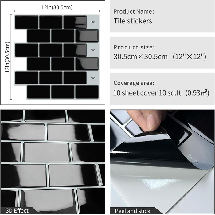 Мозаїчна плитка DEWOO 3D, наклейки на стіну, клейка плитка Metro, самоклеюча імітаційна плитка для кухні та ванної кімнати - штука, (30,5 x 30,5 см) (20, чорний)
