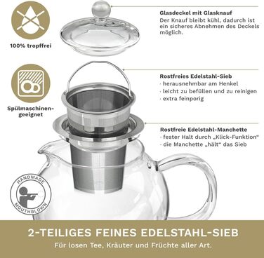 Скляний чайник Creano 1.3 л, скляний чайник із 3 частин із вбудованим ситечком з нержавіючої сталі та скляною кришкою, ідеально підходить для приготування сипучих чаїв, без крапель, моноблок (1,7 л)