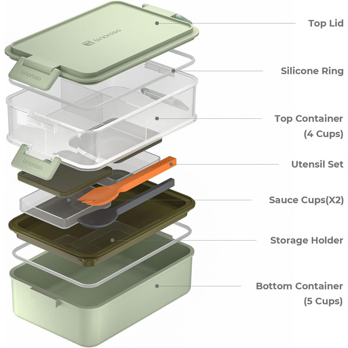Ланчбокс Linoroso Ланч-бокс для дорослих з 3 відділеннями Бенто-бокс з контейнером для соусу та посудом Ланч-бокс для мікрохвильової печі та посудомийної машини Пластиковий без бісфенолу А Як коробка для сніданку Коробка салату - м'ятно-зелена