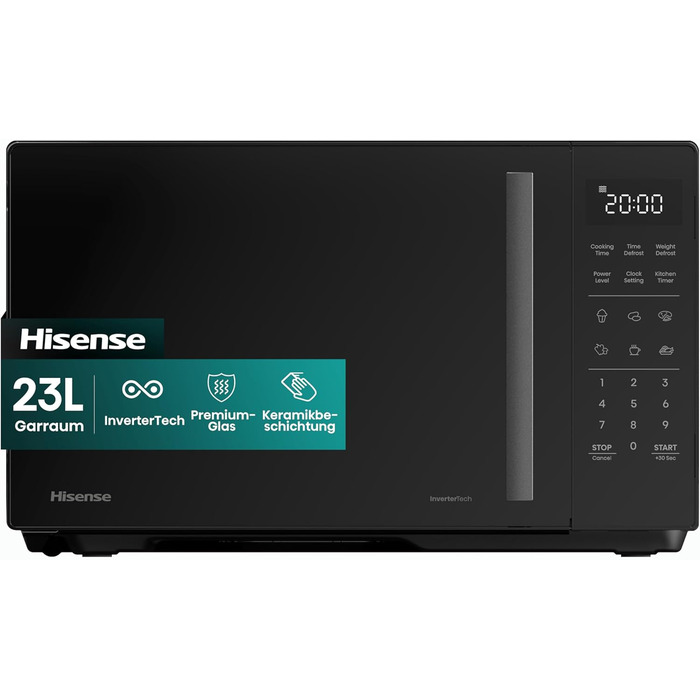 Мікрохвильова піч Hisense H20MOBP1HI / 700 Вт / InverterTech / Керамічне покриття / Преміальне скло / Виготовлена на замовлення, багатофазне приготування / Функція розморожування / 5 рівнів потужності / Блокування від дітей / Чорна (23 л, цифрове керуванн