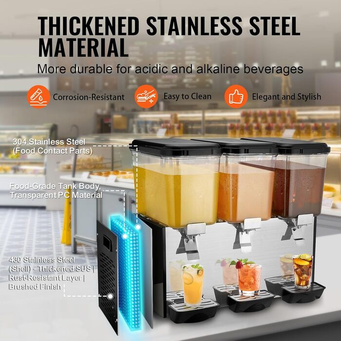 Профессиональный диспенсер для напитков с резервуарами 3 x 18 л 512 Вт VEVOR