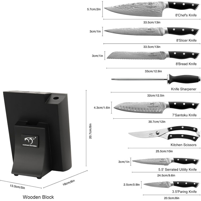 Набор кухонных ножей из дамасской стали 9 предметов NANFANG BROTHERS
