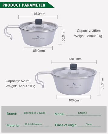 Титанова миска 520 мл Чаша Sierra Bowl Кемпінгова кружка з кришкою та ручкою для підвішування Відкритий горщик Похідна портативна чашка Посуд Легкий туристичний посуд Набір для приготування їжі Ti1098T (350 мл 520 мл Ti1099t)