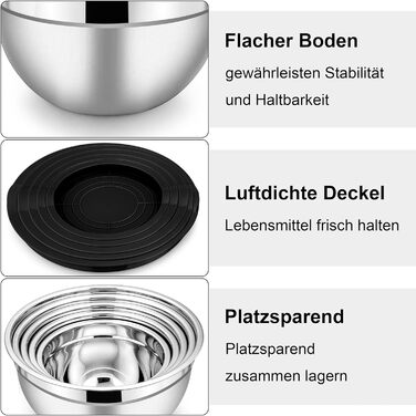 Миска Herogo з кришкою, набір салатниць з нержавіючої сталі з 5 шт. , розмір 4,5 л/2,7 л/1,5 л/1,2 л/0,7 л, штабельована миска для змішування та подачі на кухні, включає аксесуари для випічки, можна мити в посудомийній машині (чорний)