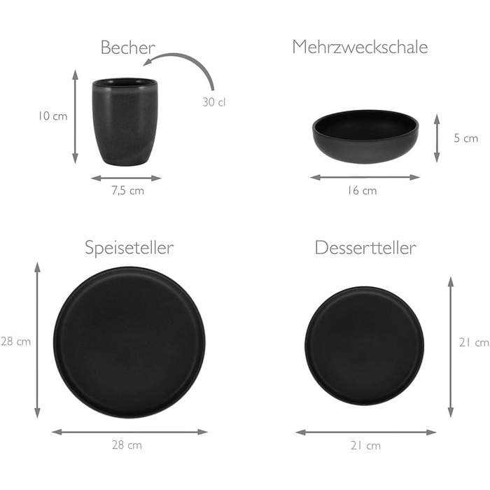Набір посуду на 4 персони, 16 предметів, чорний Uno Creatable