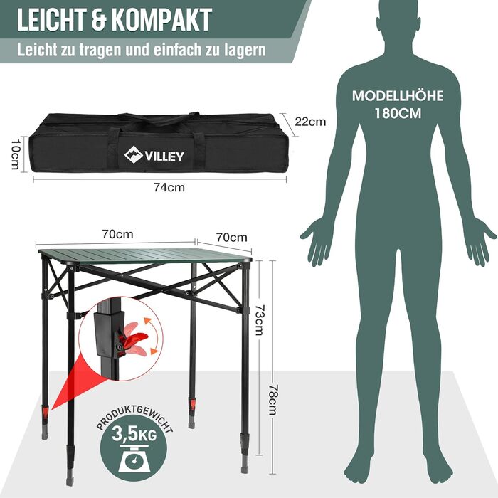 Алюминиевый раскладной стол 70 х 70 х 78 см VILLEY