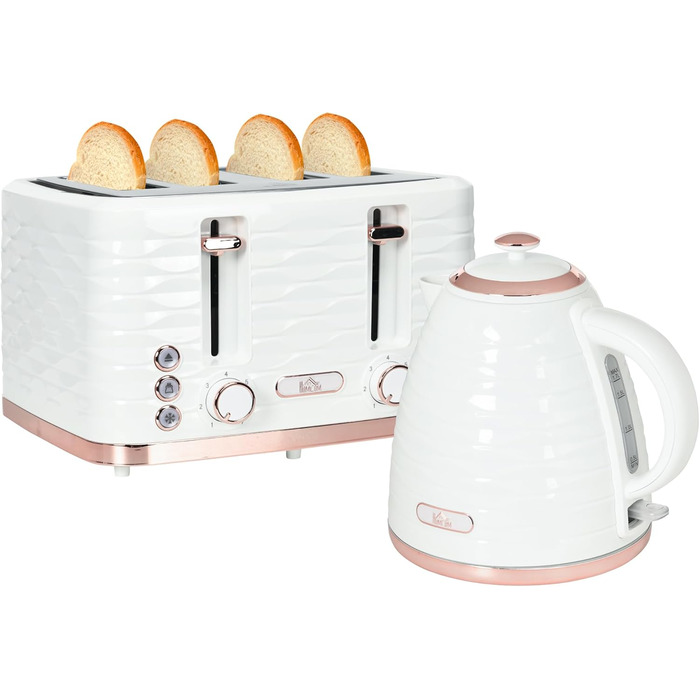 Набір для сніданку HOMCOM Kettle Toaster Set з чайником 1,7 л, тостером на 4 скибочки, 2200 Вт, 7 рівнів підрум&39янення, розморожуванням, розігрівом та лотком для крихт, термостатом Otter, кремово-білим