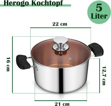 Кастрюля 5 л из нержавеющей стали со стеклянной крышкой 22 см Herogo