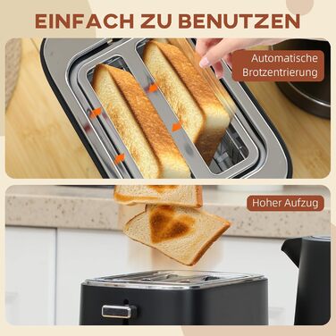 Набір чайника та тостера HOMCOM 2200 Вт 1,7 л, тостер на 2 скибочки, 6 рівнів підсмажування, функції розігріву та розморожування, набір для сніданку з фільтром від накипу та піддоном для крихт, термостат Otter UK Black