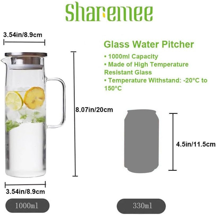 Стеклянный кувшин с крышкой для холодных и горячих напитков 1 л Sharemee