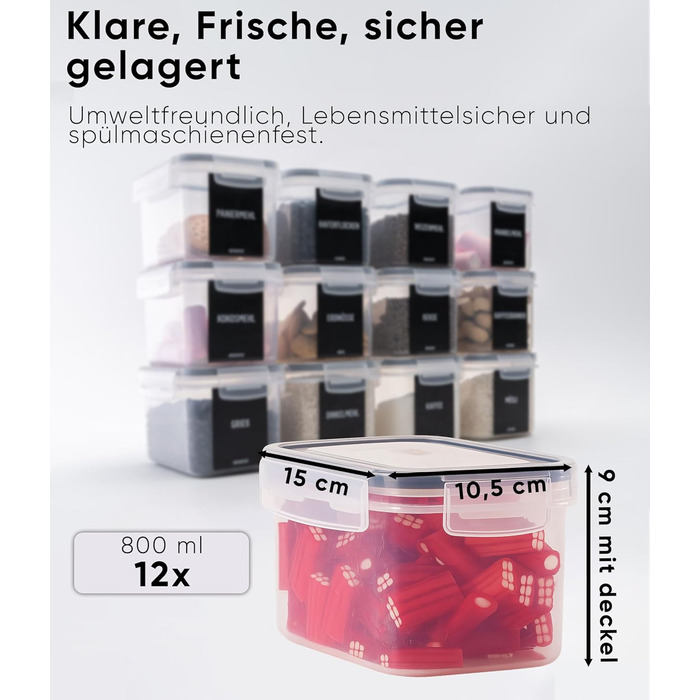 Набор из 12 контейнеров для хранения 800 мл, прозрачный/черный Deco haus