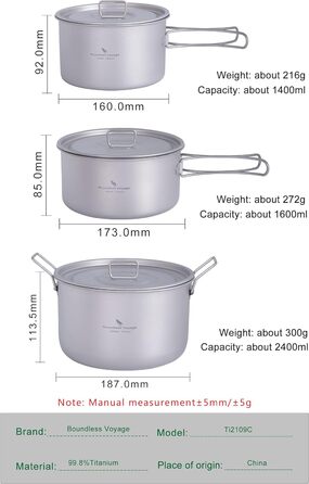 Безмежна подорож 1,4 л 1,6 л 2,4 л маленька титанова головка зі складними ручками легкий кемпінговий трекінговий набір Stockpot Кухонне приладдя (3 x горщики)