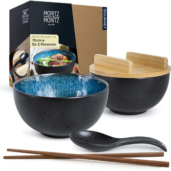 Включая крышку и ложкуBlack Ramen Bowl Set на 4 персоны - для супа, фо и суши боул (2 шт. миска), 4 шт., Set Ramen Blue Reactive