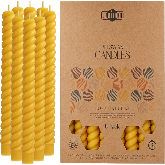 Свічки з бджолиного воску Danilovo Taper Candles, шт. натуральні, екологічно чисті, довгогорючі свічки з бджолиного воску для будь-якої нагоди та підсвічники свічки з ароматом меду та чистого бджолиного воску (8,25 см, закручені)