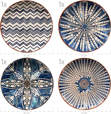 Обеденный сервиз из 12 предметов на 4 персоны в мавританском стиле, набор тарелок с различными винтажными узорами в белом и синем цветах, керамогранит, 934017 Iberico Blue
