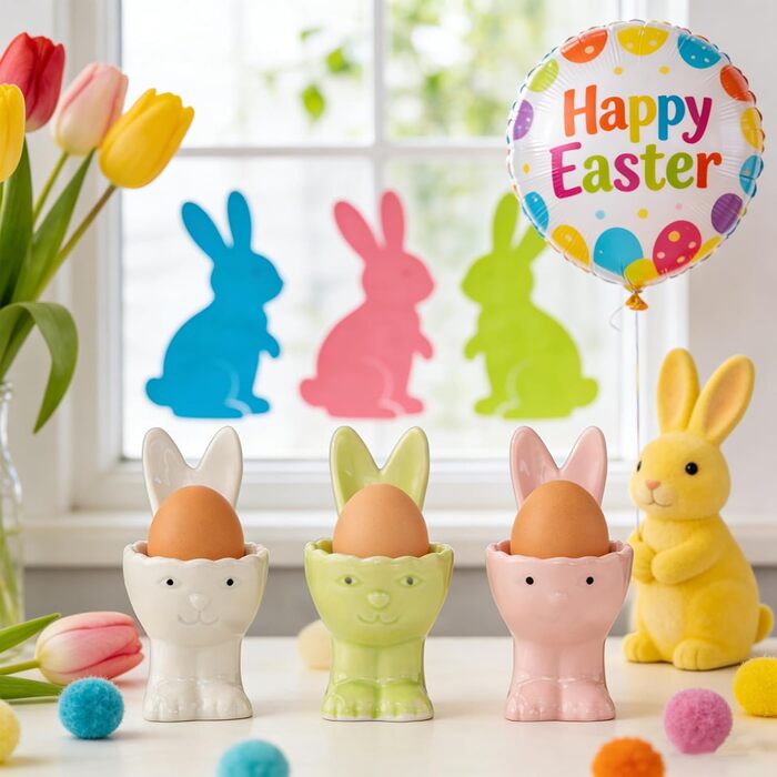 Набір з 2 порцелянових підносів для яєць на Великдень, керамічні підноси для яєць у формі кролика, веселі, креативні тарілки для яєць у формі великоднього кролика, підставки для яєць, можна мити в посудомийній машині, підставка для варених яєць, подарунки