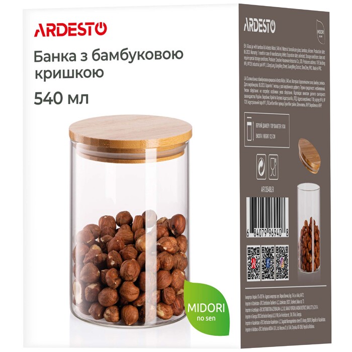 ARDESTO Банка для зберігання Midori, 540мл, скло, бамбук, кругла, прозорий