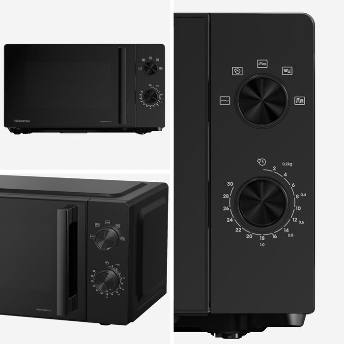 Мікрохвильова піч Hisense H20MOBP1HI / 20 л / 700 Вт / InverterTech / Керамічне покриття / Преміальне скло / Виготовлено на замовлення, багатофазне приготування / Функція розморожування / 5 рівнів потужності / Блокування від дітей / Чорна 20 л Аналогове к
