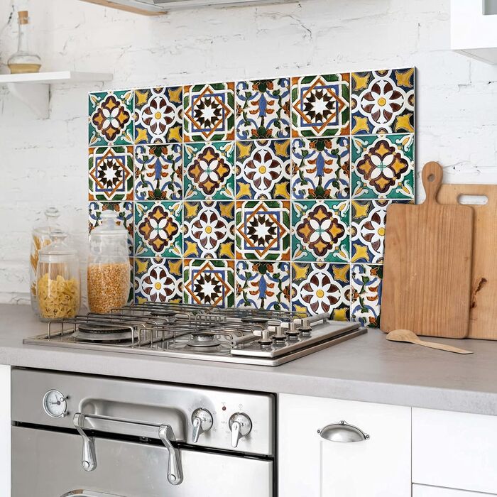 Алюмінієвий кухонний фартух, виготовлений в Італії, захищає плиту та стіну, миється та легко встановлюється, металевий фартух, 48 x 72 см (48x72, зелена плитка)