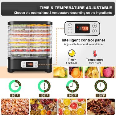 Дегідратор-дегідратор COOCHEER з контролем температури, 8 рівнів знімного дегідратора, контроль температури 35-70C для м'яса, м'яса, фруктів, овочів і горіхів, без бісфенолу А (400 Вт, чорний)