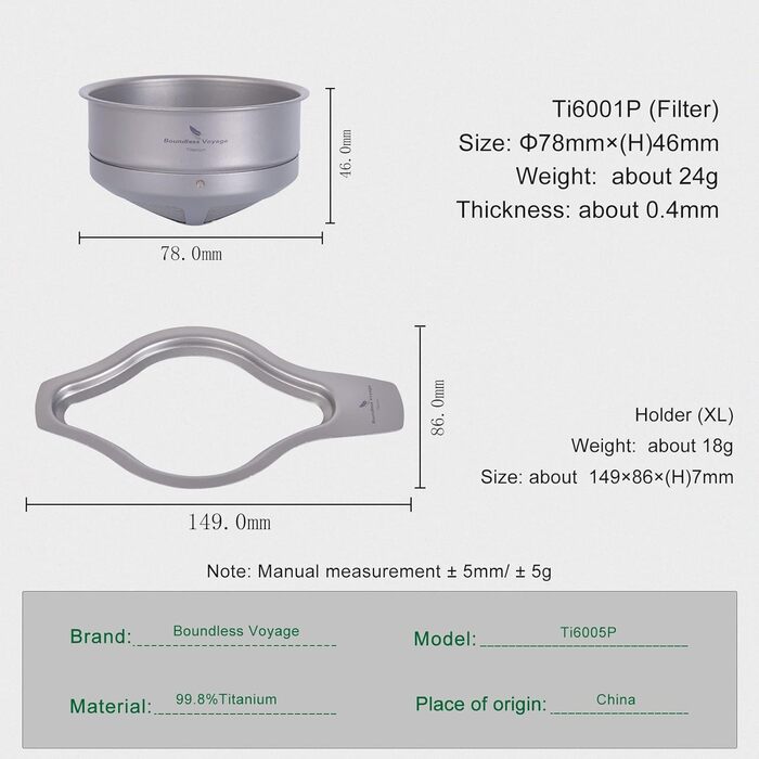 Безмежна подорож Титановий кавовий сітчастий фільтр Pour Over Безпаперовий повільний крапельний фільтр для кави Багаторазова крапельниця для кави для кемпінгу на відкритому повітрі Ti6001P (підставка для фільтра та фільтра (xl))