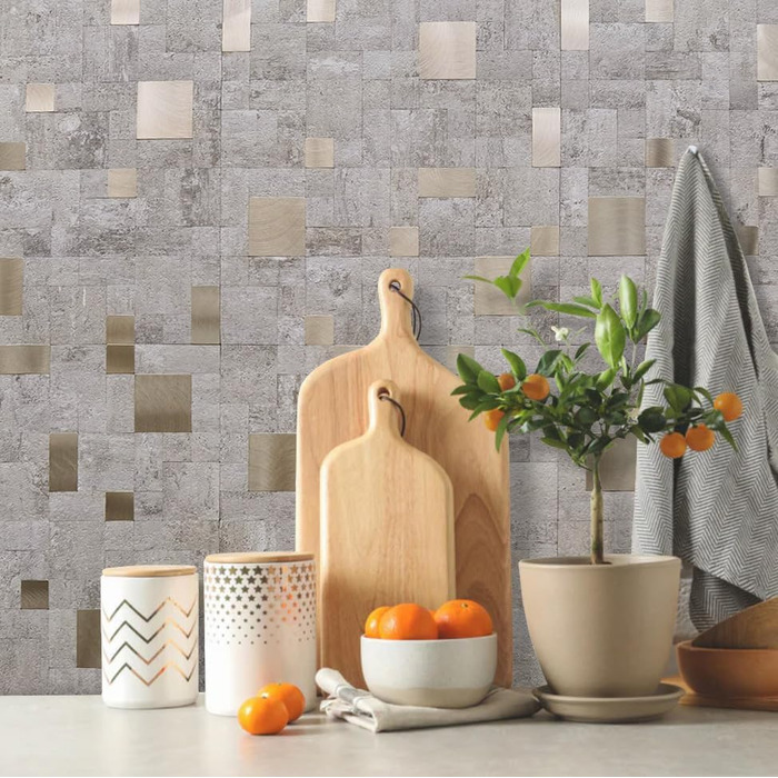 Мідний плитковий фартух DICOFUN, що знімається та клеїться, нержавіюча сталь, для кухні, металевий, фартух для плити, 0 листів (10, бежевий камінь та метал, золото)